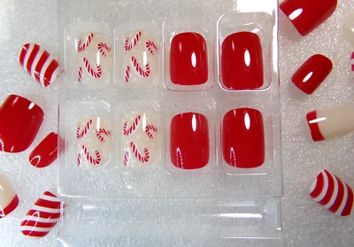 Uñas de Navidad Brillante Rojo y Blanco Menta PEGAMENTO EN CORTO Foto 1 de 2