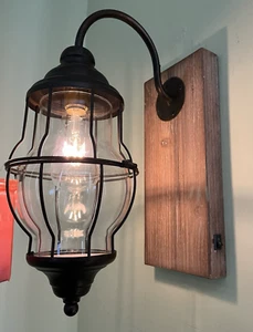 Farmhouse Wall Sconce-Wood Base-Metal Cage-84 Watt Equiv. LED Bulb-Battery Lit - Picture 1 of 19