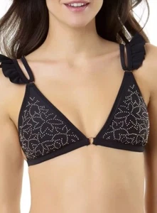 Black Gold Studded Floral Bikini Top Size 8-10 D/DD Flutter Adjustable Straps - Picture 1 of 10