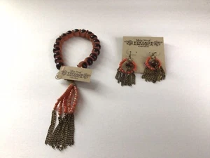 NUEVO Juego de Pulsera/Pendiente Colección América Nine West Cuentas Naranja/Marrón - Imagen 1 de 7