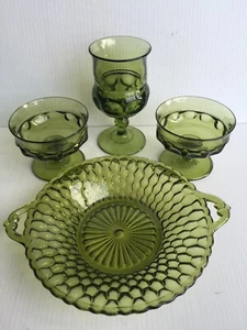 Indiana Glass Green King Crown Thumbprint Dessert Goblets & Honeyomb Candy Dish - Picture 1 of 11