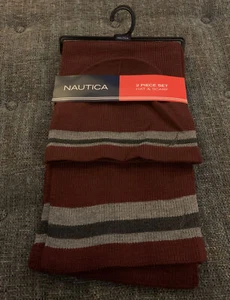 Nwt Nautica 2 Piece Beanie And Scarf Set Maroon Gray Stripe $65 BB3 - Picture 1 of 9