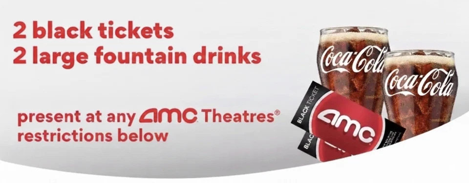 AMC Theatres® 2 Black Tickets & 2 Large Drinks Fast E-Delivery Expires 12/2026 - Image 1 of 1