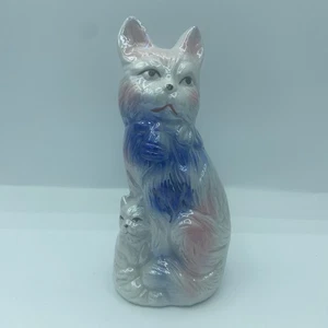 Statuina vintage porcellana cinese iridescente lucentezza mamma gatto e gattino bambino - Foto 1 di 8