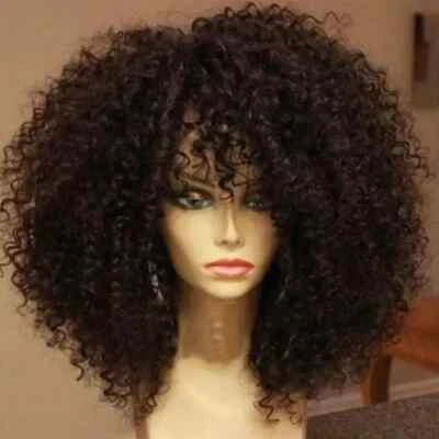 Peluca rizada afro rizada 16 pulgadas cabello sintético con flequillo para uso diario Foto 1 de 4