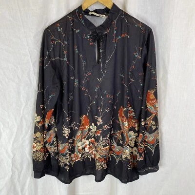 Blusa manga larga cierre rana floral pájaros semi transparente años 70 80 Mr Stan Dallas L Foto 1 de 4