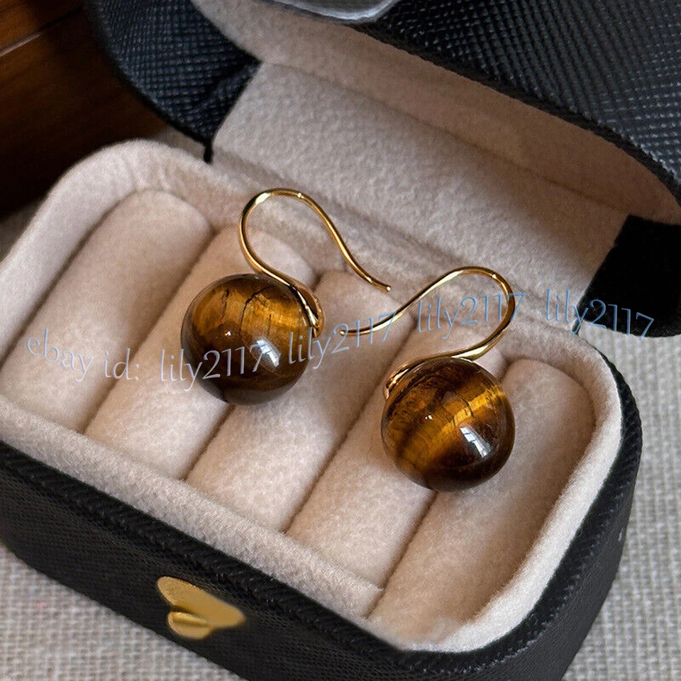 Pendientes colgantes de gancho de oro con cuentas redondas de piedras preciosas ojo de tigre amarillo natural de 10 mm Foto 1 de 4
