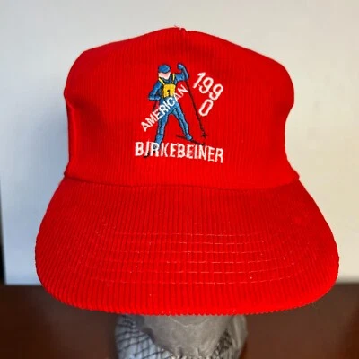 Gorra vintage American Birkebeiner 1990 con tirantes pana roja esquí de fondo Foto 1 de 4