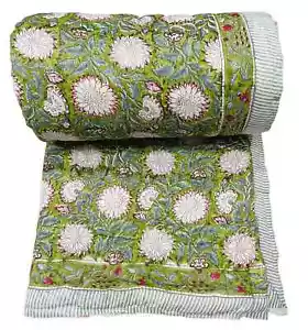 Quilt Indian Kantha Hand Block Print Green Floral Jaipur Razai Quilt Queen Size - Picture 1 of 6