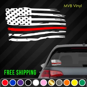 Firefighter Support Distressed American Flag Vinyl Decal Sticker Thin Red Line - Picture 1 of 3