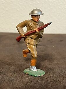 30’s RARE Lead Toy Soldier Charging Running Silver Metal Hat Barclay Manoil