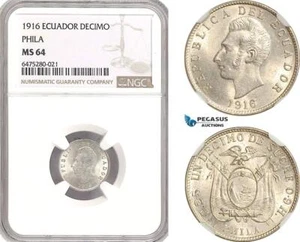 AH46, Ecuador, 1 Decimo de Sucre 1916, Philadelphia Mint, Silver, NGC MS64 - Picture 1 of 1