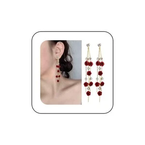 Boho Flower Dangle Earrings Red Rose Tassel Chain Earrings Long Cubic Zirconia D - Picture 1 of 7