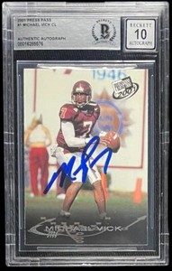 MICHAEL VICK SIGNED 2001 PRESS PASS #1 ROOKIE CARD BECKETT AUTO GRADE 10 576