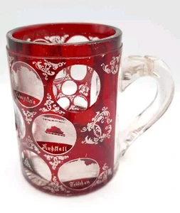 Antique Ruby Overlay Glass Beer Stein 19th C Germany Souvenir Scene Engraved - Picture 1 of 19