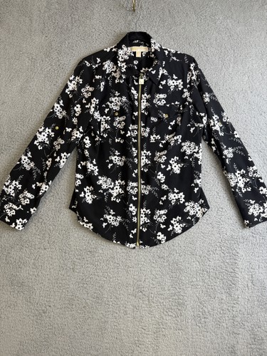 Giacca Michael Kors donna media nera bianca floreale full zip accenti oro camicia