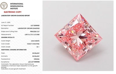 2.04 Princess Lab Grown Diamond Engagement Ring Fancy Vivid Pink VS1 - Image 1 of 4