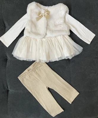 First Impressions Baby Girl 6/9M 3 Piece Cream Colored/Gold Faux Fur Vest Set - Image 1 of 4