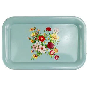 Vintage Metal Floral Lap TV Serving Tray 1950s Cottage Aqua Blue Bouquet 9 x 14" - Picture 1 of 18