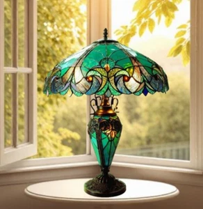 Green Tiffany Style Stained Glass Lit Base Table Lamp with Vintage Elegance 25in - Picture 1 of 6