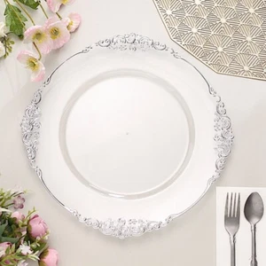6 CLEAR 13" Round with SILVER Embossed Rim Charger Plates Wedding Party Dinner - Picture 1 of 8