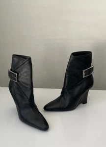 Zara Srpls Black Leather Ankle Wedge Boots Buckle Size 38 US 7.5 - Picture 1 of 13