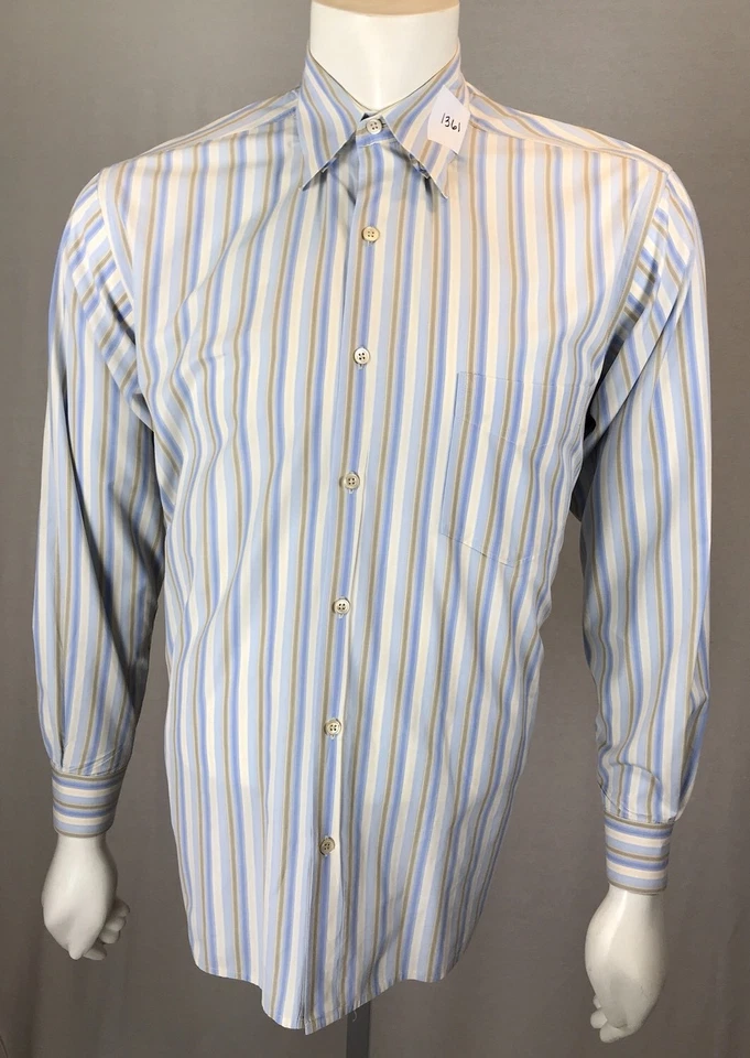 Mens Martin Gordon Medium Pastel Striped Blue Beige & Tan L/S Button Down Shirt - Image 1 of 4