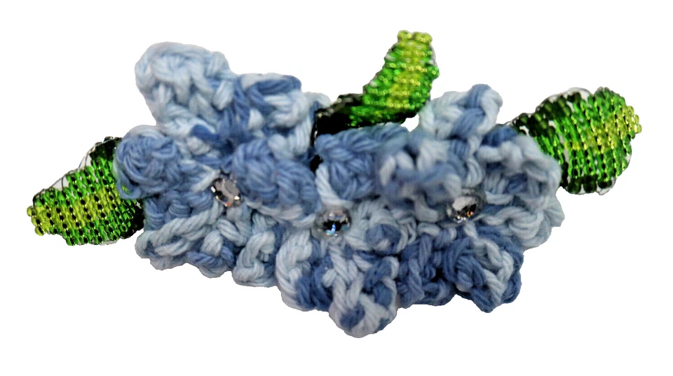 BARRETTE HAND BEADED & KNIT FRENCH HAIR CLIP UNIQUE 3.5" CLIP W/RHINESTONES BLUE - Image 1 of 2