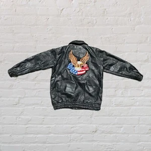 VTG Leather Jacket Adult XL Black Biker Patriotic Eagle Engine American Flag Men - Picture 1 of 8