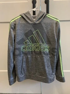 Adidas Boys Size Large 14/16 Gray Neon Green Pullover Hoodie Front Pocket - Picture 1 of 8