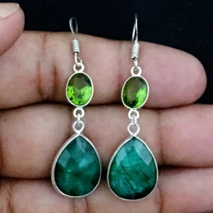Handmade 925 Silver / Gold / Rose Gold Plated Dyed Emerald Peridot Pear Earrings - Picture 1 of 8