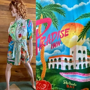 TROPICAL Paradise RETRO Tiki Resort / Cruise NWT POSTCARD Print DRESS Size M - Picture 1 of 24