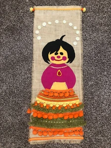 Vtg Girl Doll Wall  Hanging Burlap Felt  MCM  Decor Pom Poms 1970s ART Textile - Picture 1 of 8
