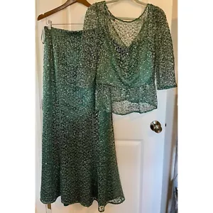 Conjunto Blusa Falda Lentejuelas Verde Kay Unger Nueva York De Colección Para Mujer Talla 10 Formal - Imagen 1 de 13
