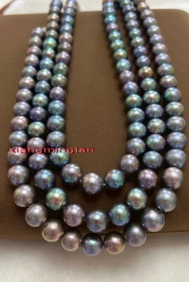 5A LONG 48"11-12mm natural tahitian black red BLUE Multicolor pearl necklace 14K - Image 1 of 4