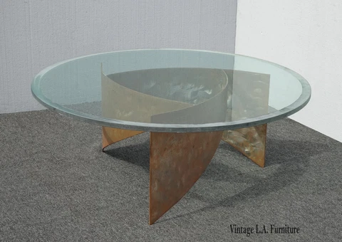 Vintage Abstract Sculptured Iron Coffee Table w Frosted Beveled Edge Thick Glass Cover