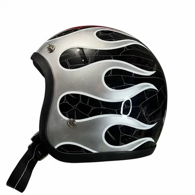 Casco de motocicleta Custom Open Face Slimhead TX500 plateado llama grieta estilo retro Foto 1 de 4