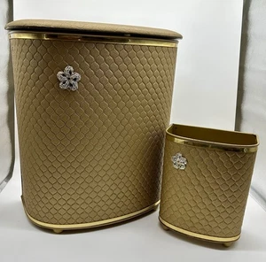 Vintage Detecto Metal Clothes Hamper & Matching Basket Gold Flower MCM - Picture 1 of 18