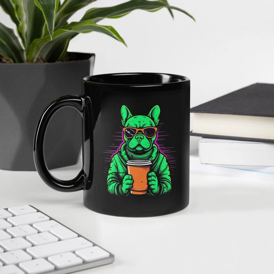 Neon Buzz: Green Frenchie with Orange Coffee To Go - Black glossy Mug - Bild 1 von 1