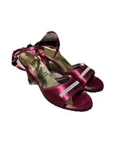 Vintage Ruby Satin Antonio Marsini Rhinestone Ankle Strap Low Heels. 6.5 - Picture 1 of 6