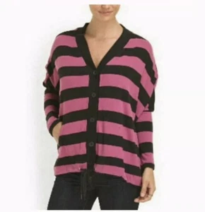 Juniors Sweater Cardigan Cotton Stripes Oversized Shoulder Pink Black MEDIUM - Picture 1 of 3
