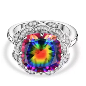 Nebula Quartz Doublet & Zircon Ring in Rhodium Over Sterling Silver 7.4Ct Size K - Picture 1 of 9