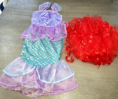 GIRLS MERMAID HALLOWEEN COSTUME size 110 4/5 DRESS RED WIG 2 PC SPARKLES! - Image 1 of 2