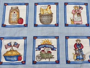 Marcus Bros Dianna Marcum Fabric Farm Apple Recipe Blocks 2-2/3 Yds Blue Check - Picture 1 of 11