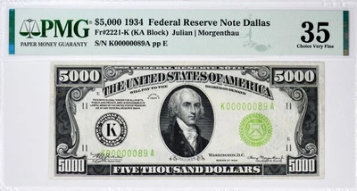 Fr. 2221-K 1934 $5,000 Federal Reserve Note Dallas PMG 35 Restoration - Image 1 of 2