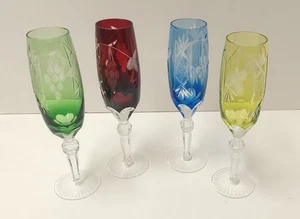 4 Vintage Germany Nachtmann geschliffene farbige Kristallkugel große Sektflöten NEUWERTIG - Bild 1 von 16