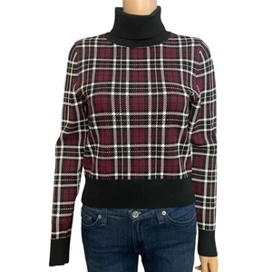Michael Kors Plaid Turtleneck Sweater Small Burgundy Black Classic Preppy Casual - Picture 1 of 10