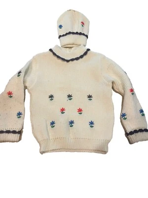 Suéter Bebé Vintage Niño 3 Blanco Tejido con Gorro Años 90 Flores Foto 1 de 4