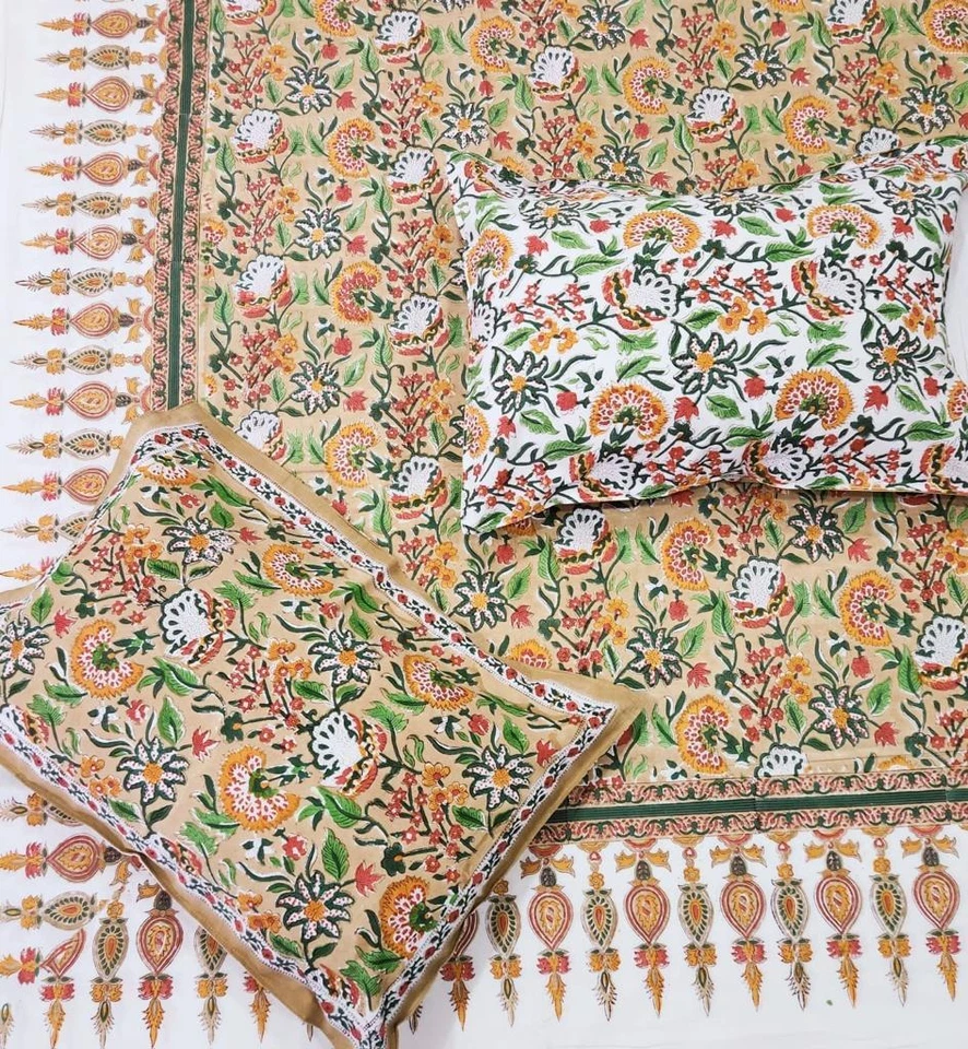 Handmade Block Print 100% Cotton Queen Size Bed Cover Set With Pillow Covers - Image 1 of 1