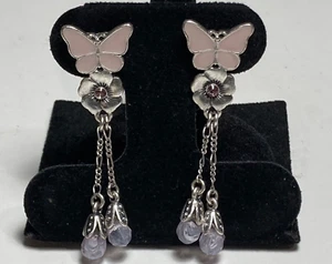 Pilgrim Enamel Butterfly & Floral Crystal Drop Earrings - Silver Tone Never Worn - Picture 1 of 6